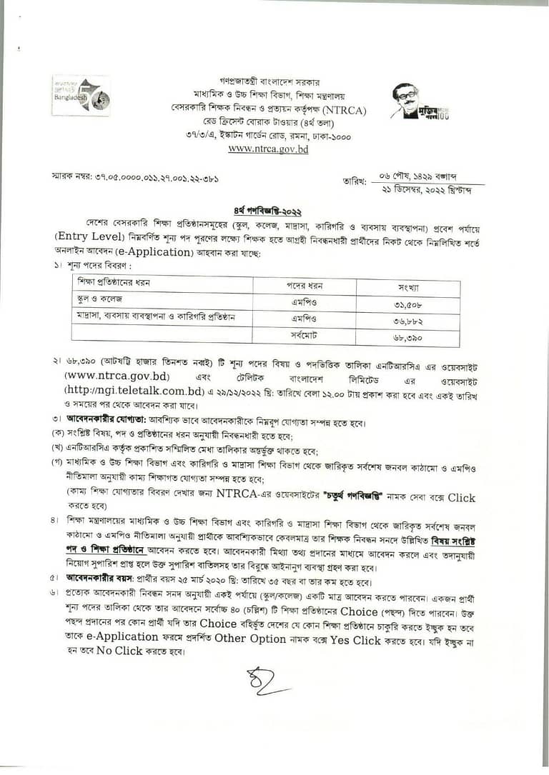 NTRCA Subject & District Wise Vacant List ngi.teletalk.com bd 2022